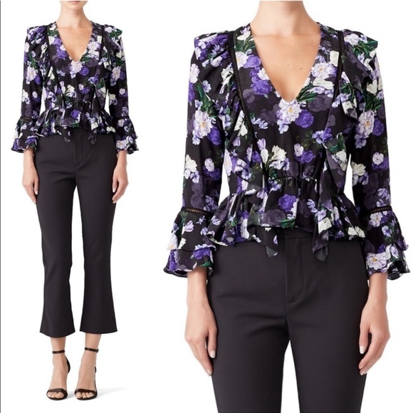 Marissa Webb Purple Blossom 100% Silk V neck Ruffle Peplum Blouse - Picture 1 of 9